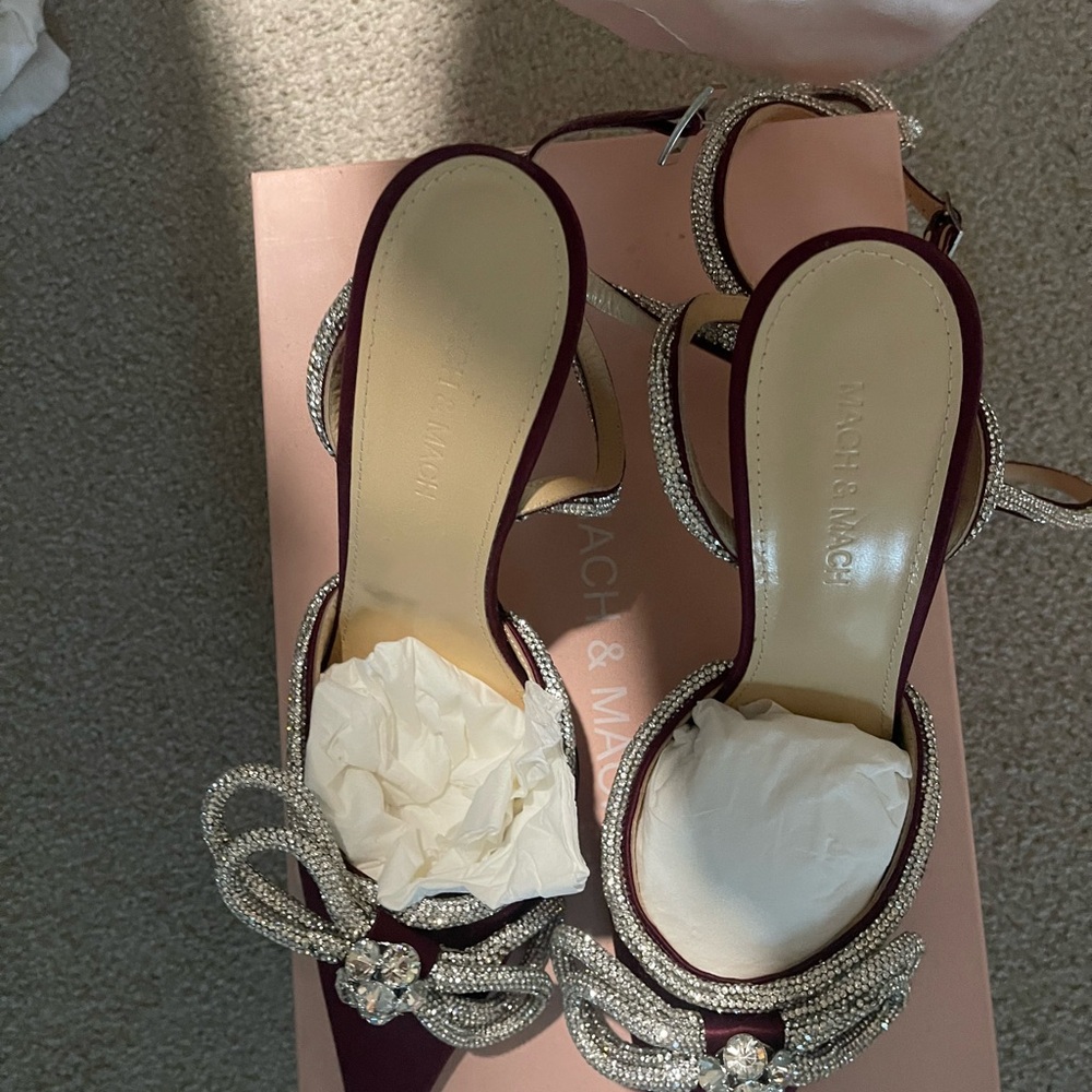 Mach& Mach Burgundy Crystal Embellished Heels